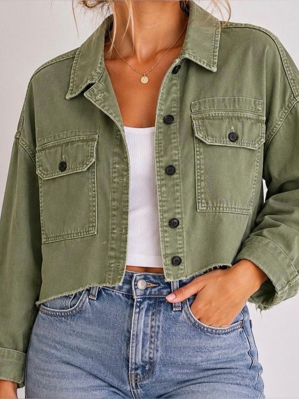 AllSaints Olive Green Cropped Raw Hem Utility Jacket XS/S